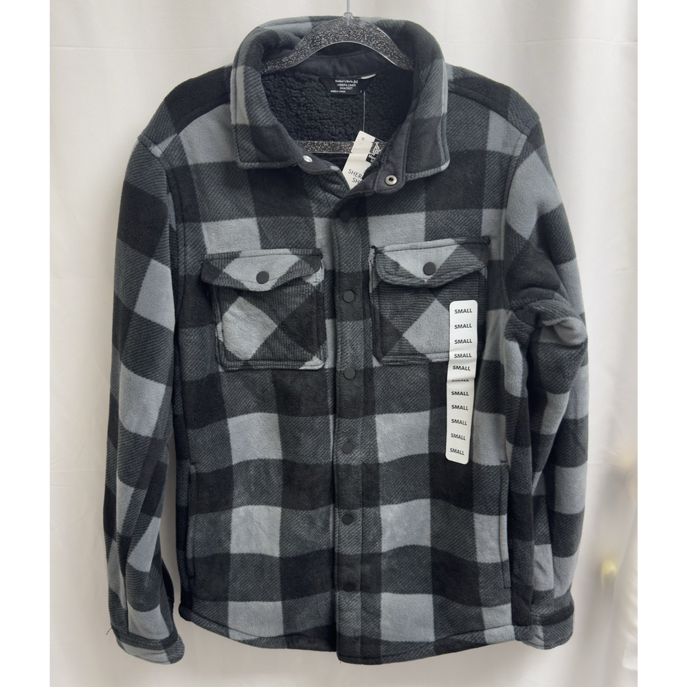 Member's Mark Men's Sherpa Lined Shacket Size Small Grey Buffalo Plaid